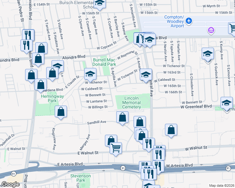 map of restaurants, bars, coffee shops, grocery stores, and more near 1414 South Wadsworth Avenue in Compton