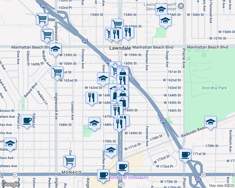 map of restaurants, bars, coffee shops, grocery stores, and more near 16325 Hawthorne Boulevard in Lawndale