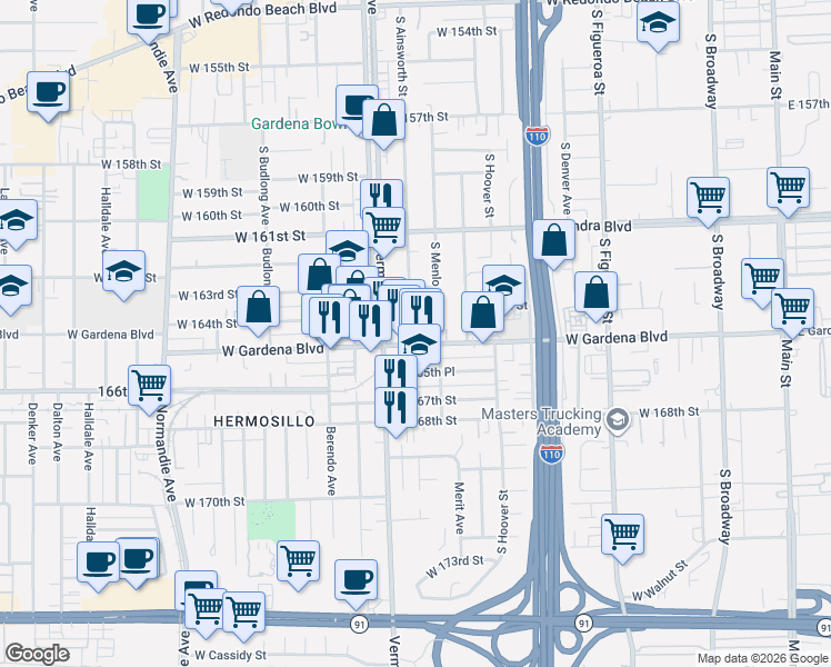 map of restaurants, bars, coffee shops, grocery stores, and more near 16420 South Ainsworth Street in Gardena