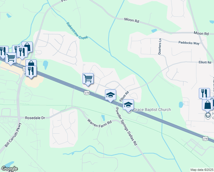 map of restaurants, bars, coffee shops, grocery stores, and more near 1300 Silverbrooke Crossing in Powder Springs