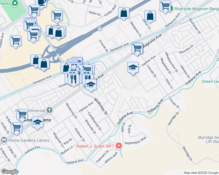 map of restaurants, bars, coffee shops, grocery stores, and more near 3707 Calle Curacso in Riverside