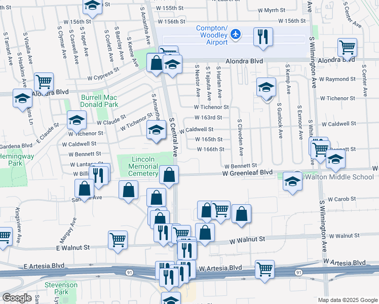 map of restaurants, bars, coffee shops, grocery stores, and more near 1718 West 166th Street in Compton