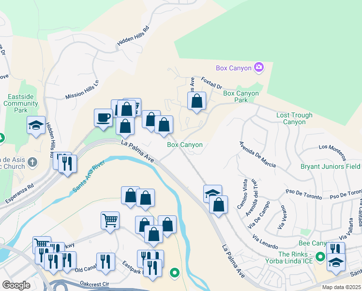 map of restaurants, bars, coffee shops, grocery stores, and more near 1700 Copper Canyon Road in Yorba Linda