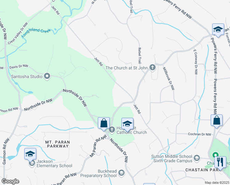 map of restaurants, bars, coffee shops, grocery stores, and more near 4660 Jett Road in Atlanta
