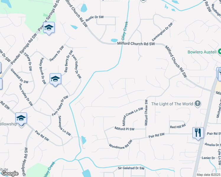 map of restaurants, bars, coffee shops, grocery stores, and more near 2951 Milford Courts Southwest in Marietta