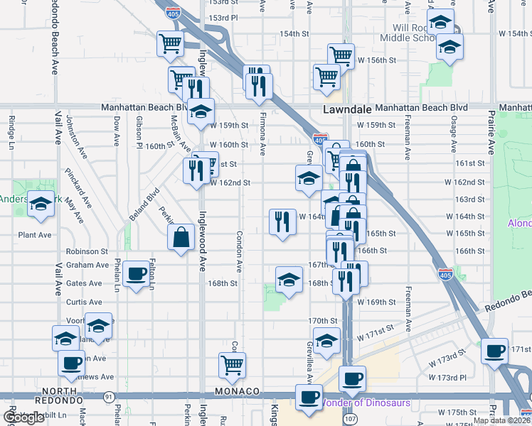 map of restaurants, bars, coffee shops, grocery stores, and more near 4581 West 164th Street in Lawndale