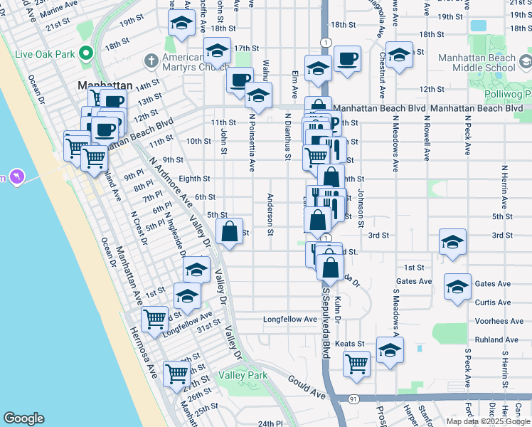 map of restaurants, bars, coffee shops, grocery stores, and more near 501 Anderson Street in Manhattan Beach