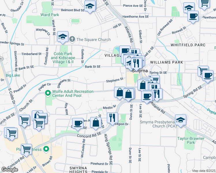 map of restaurants, bars, coffee shops, grocery stores, and more near 2924 Davis Street in Smyrna