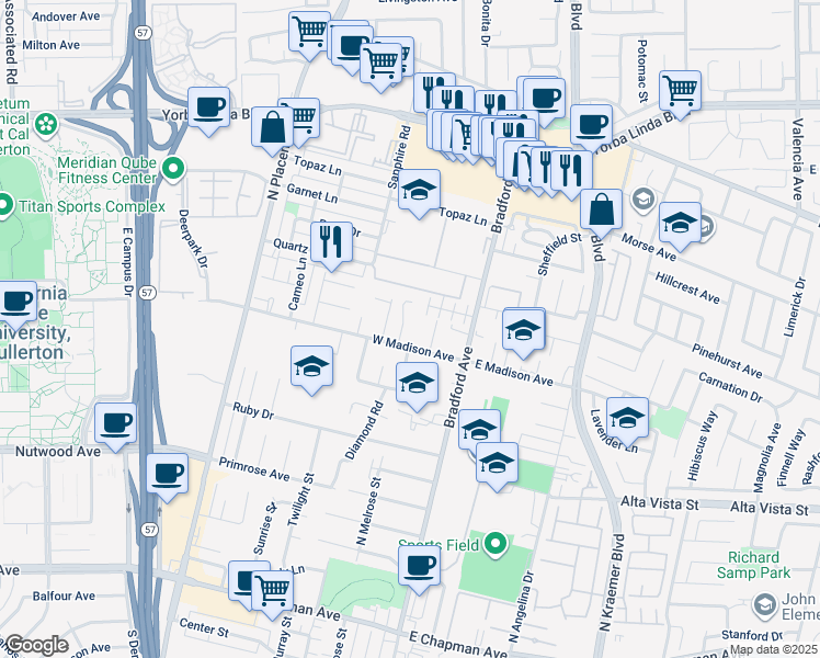 map of restaurants, bars, coffee shops, grocery stores, and more near 1012 Lawanda Place in Placentia
