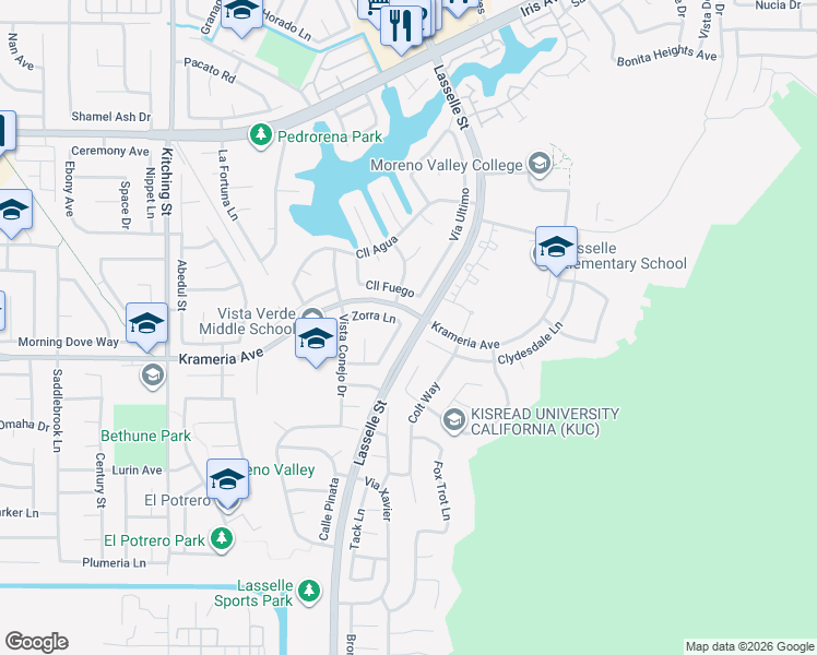 map of restaurants, bars, coffee shops, grocery stores, and more near 16410 Zocalo Place in Moreno Valley