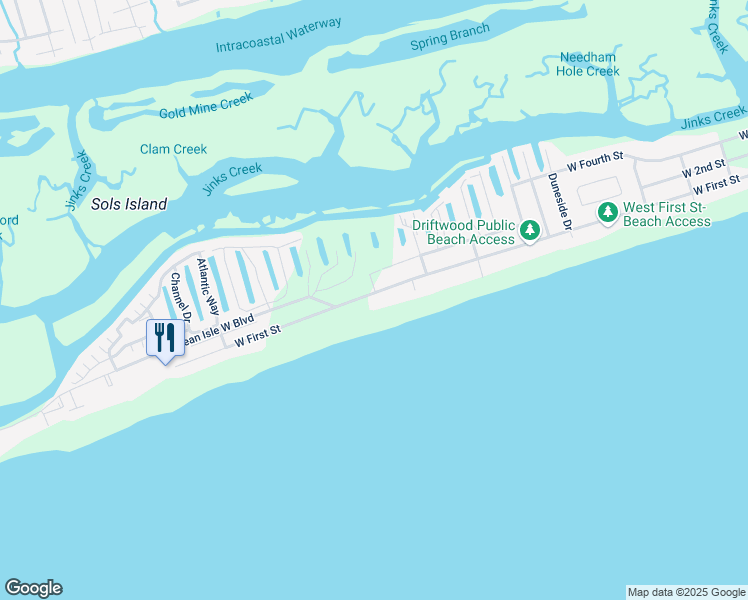 map of restaurants, bars, coffee shops, grocery stores, and more near 307 West 1st Street in Ocean Isle Beach