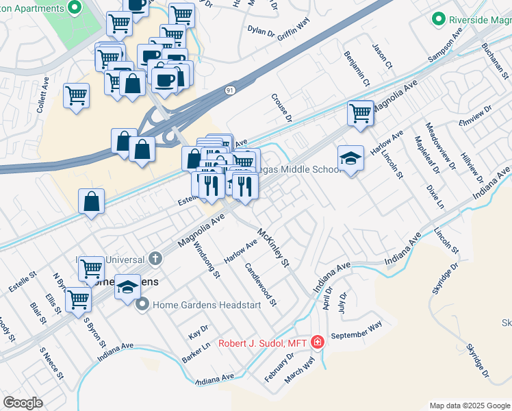 map of restaurants, bars, coffee shops, grocery stores, and more near 13084 Avenue Pescador in Riverside