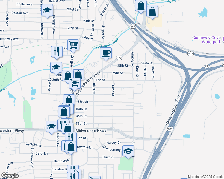 map of restaurants, bars, coffee shops, grocery stores, and more near 1301 31st Street in Wichita Falls