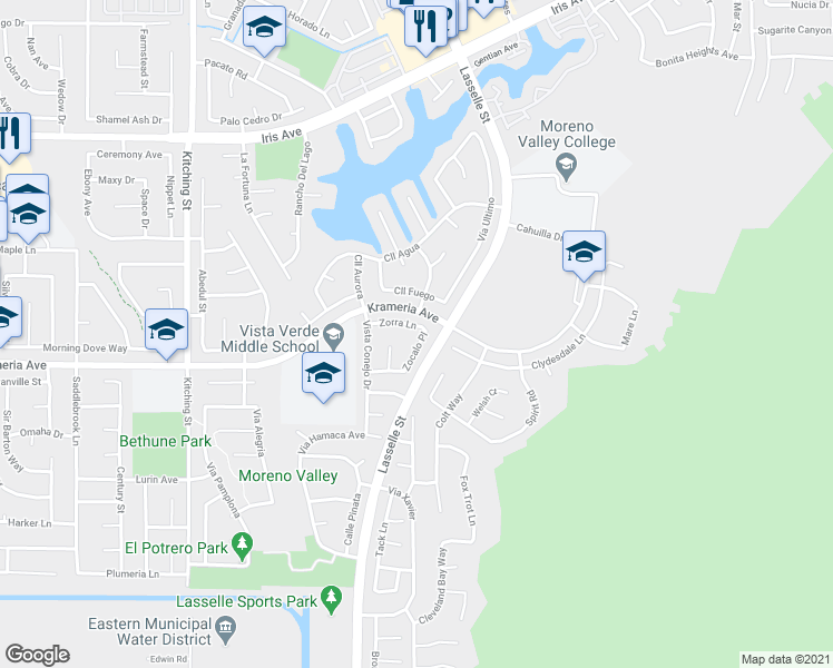 map of restaurants, bars, coffee shops, grocery stores, and more near 26015 Zorra Lane in Moreno Valley