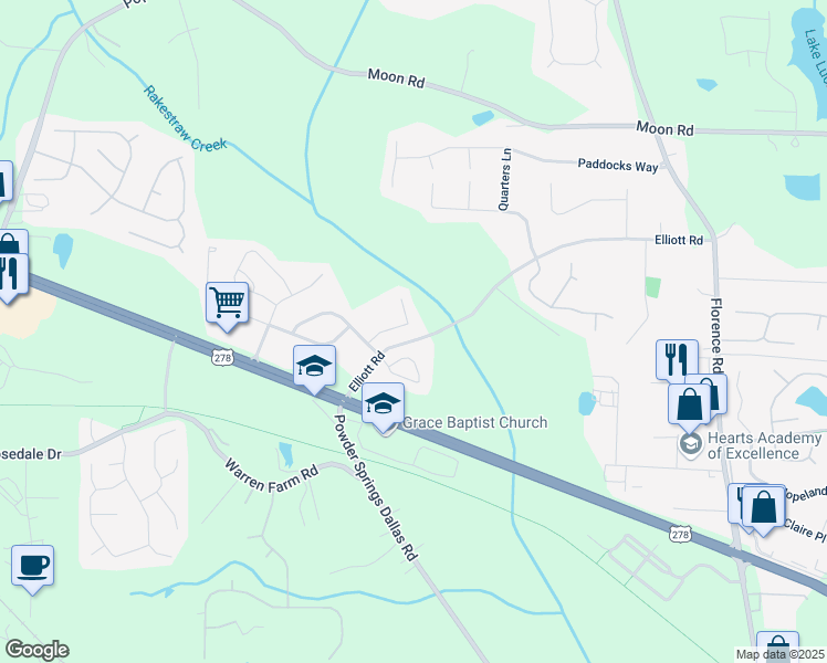 map of restaurants, bars, coffee shops, grocery stores, and more near 1116 Silverbrook Drive in Powder Springs