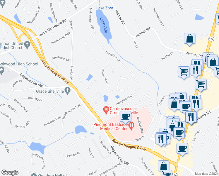 map of restaurants, bars, coffee shops, grocery stores, and more near 2284 Glenmore Lane in Snellville