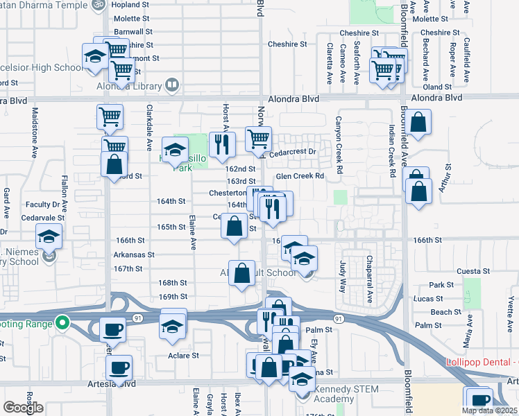 map of restaurants, bars, coffee shops, grocery stores, and more near 16407 Bubbling View Circle in Cerritos