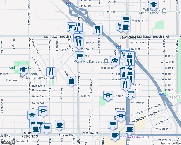 map of restaurants, bars, coffee shops, grocery stores, and more near 4703 West 164th Street in Lawndale