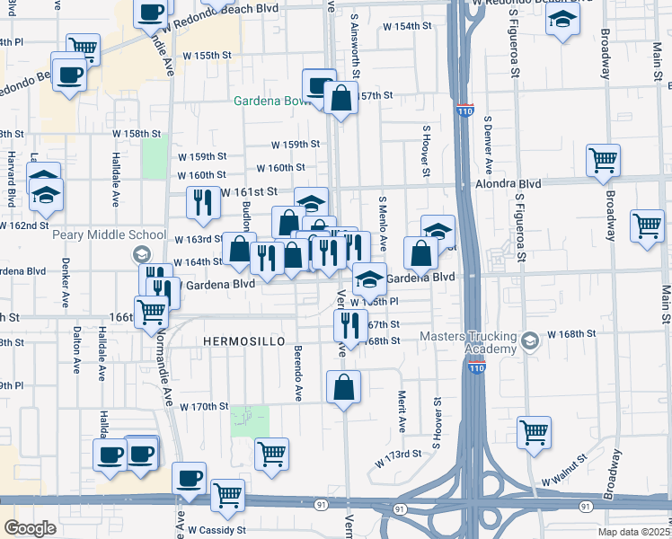 map of restaurants, bars, coffee shops, grocery stores, and more near 1003 West Gardena Boulevard in Gardena