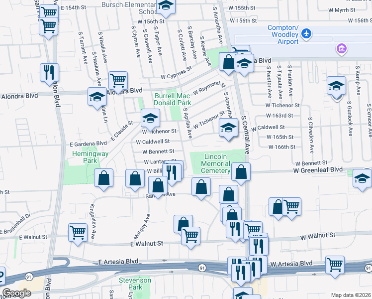 map of restaurants, bars, coffee shops, grocery stores, and more near 1414 South Wadsworth Avenue in Compton
