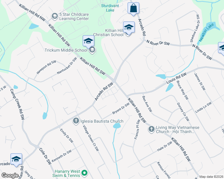 map of restaurants, bars, coffee shops, grocery stores, and more near 4452 Arcado Road Southwest in Lilburn