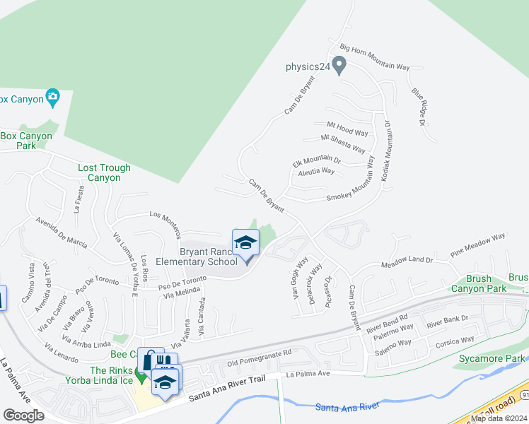 map of restaurants, bars, coffee shops, grocery stores, and more near 5705 Camino De Bryant in Yorba Linda