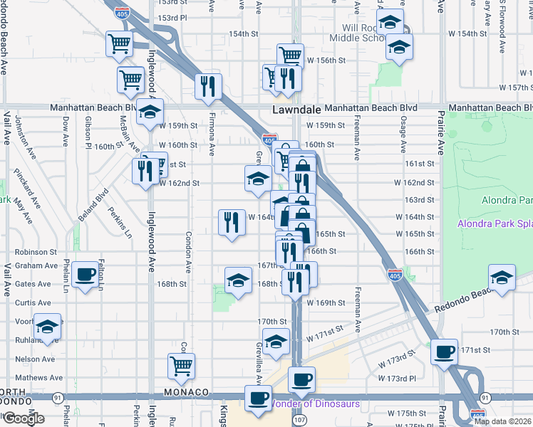 map of restaurants, bars, coffee shops, grocery stores, and more near 4449 West 164th Street in Lawndale
