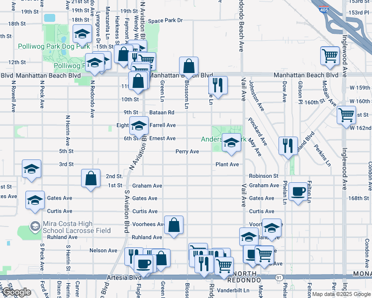 map of restaurants, bars, coffee shops, grocery stores, and more near 2023 Perry Avenue in Redondo Beach