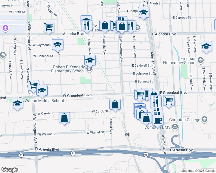 map of restaurants, bars, coffee shops, grocery stores, and more near 1508 South Acacia Avenue in Compton
