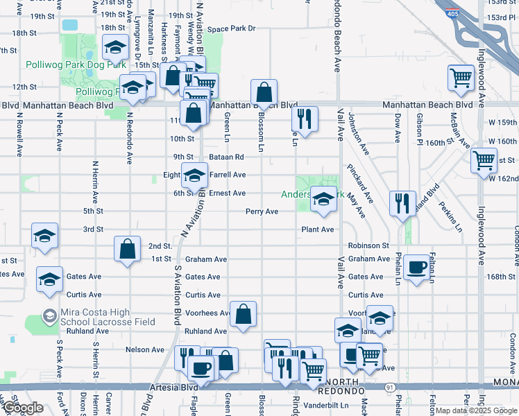 map of restaurants, bars, coffee shops, grocery stores, and more near 2023 Perry Avenue in Redondo Beach
