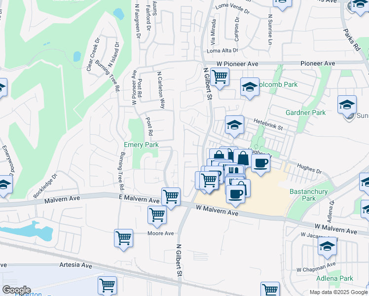 map of restaurants, bars, coffee shops, grocery stores, and more near 1024 Creekside Drive in Fullerton