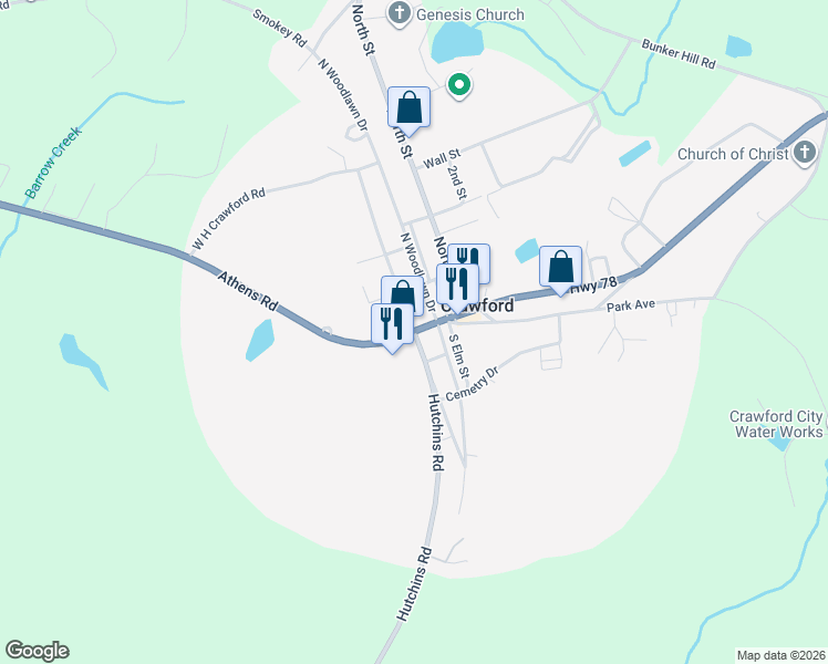 map of restaurants, bars, coffee shops, grocery stores, and more near 108 South Broad Street in Crawford