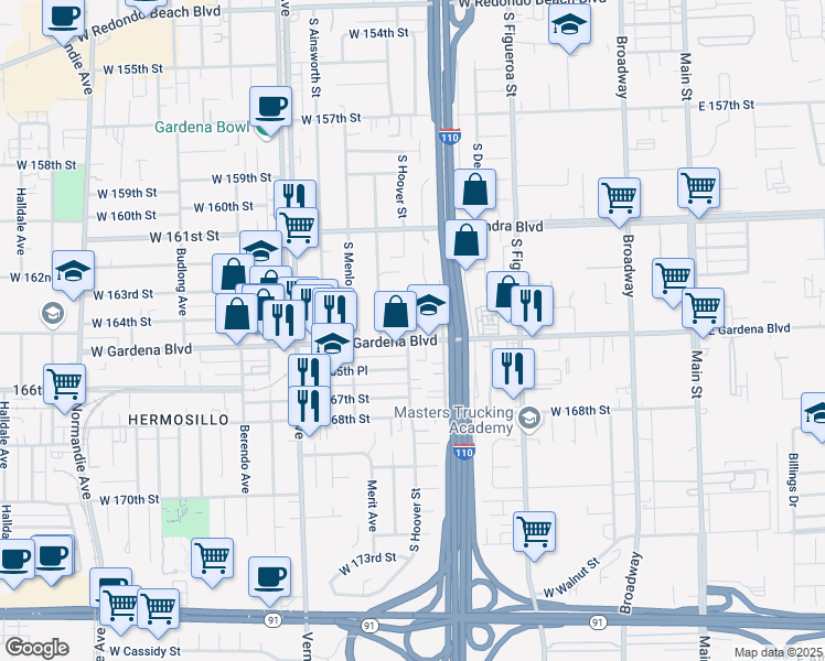 map of restaurants, bars, coffee shops, grocery stores, and more near 647 West Gardena Boulevard in Gardena