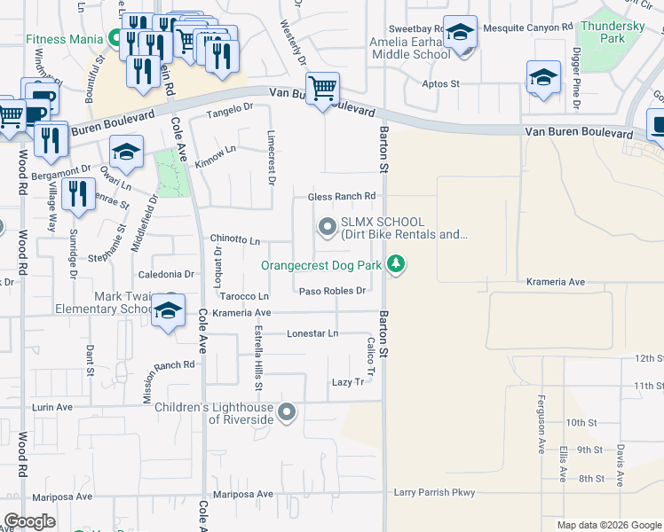 map of restaurants, bars, coffee shops, grocery stores, and more near 19836 Santa Clara Court in Riverside