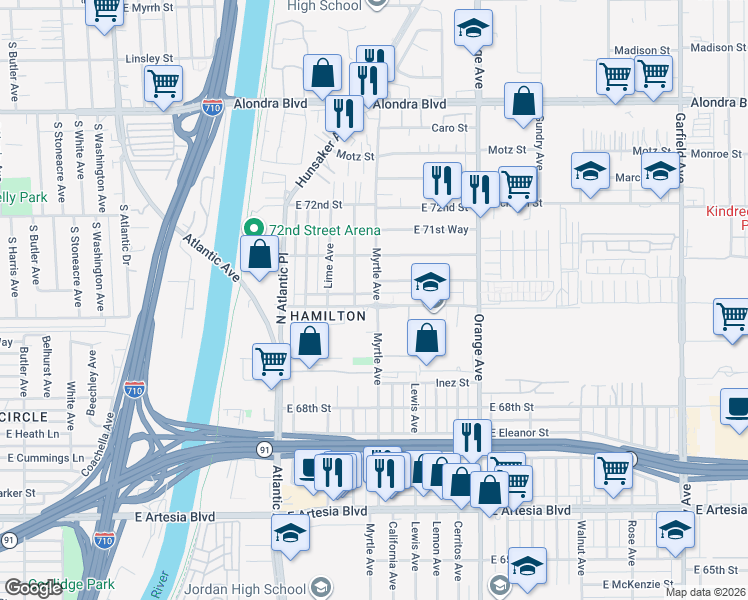 map of restaurants, bars, coffee shops, grocery stores, and more near 831 70th Street in Long Beach