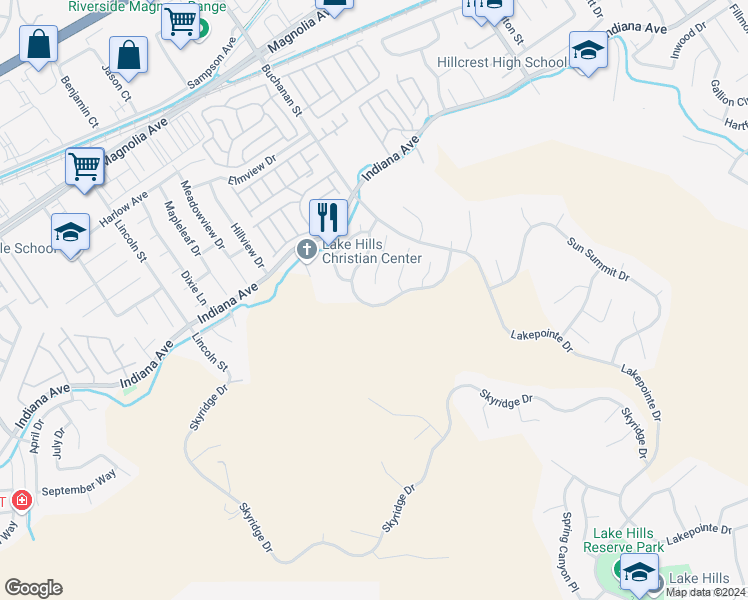 map of restaurants, bars, coffee shops, grocery stores, and more near 16374 West Sun Canyon Street in Riverside