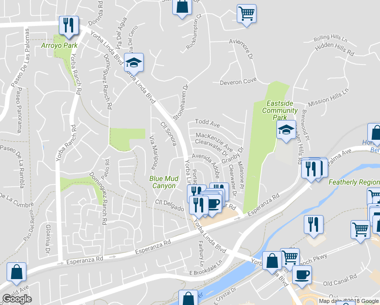 map of restaurants, bars, coffee shops, grocery stores, and more near 5485 Roanoke Avenue in Yorba Linda