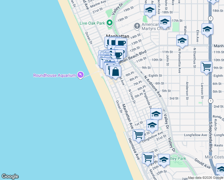 map of restaurants, bars, coffee shops, grocery stores, and more near 800 The Strand in Manhattan Beach