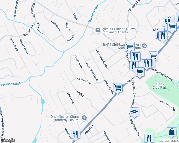 map of restaurants, bars, coffee shops, grocery stores, and more near 473 Cana Of Galilee Court in Tucker