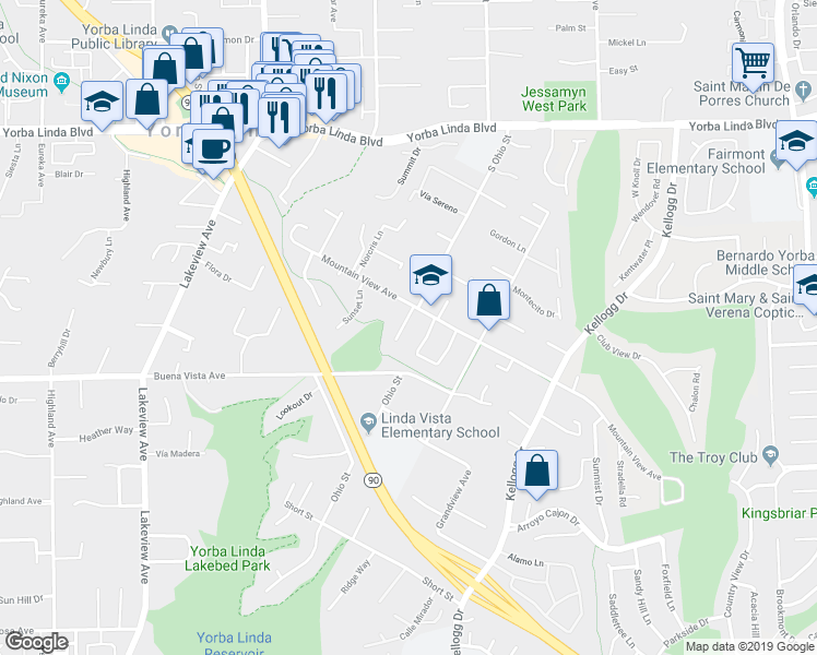 map of restaurants, bars, coffee shops, grocery stores, and more near 5412 Cherrylee Lane in Yorba Linda