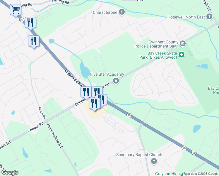 map of restaurants, bars, coffee shops, grocery stores, and more near 89 Ozora Road in Loganville