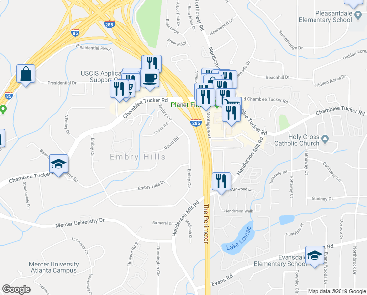 map of restaurants, bars, coffee shops, grocery stores, and more near 3618 Embry Circle in Chamblee