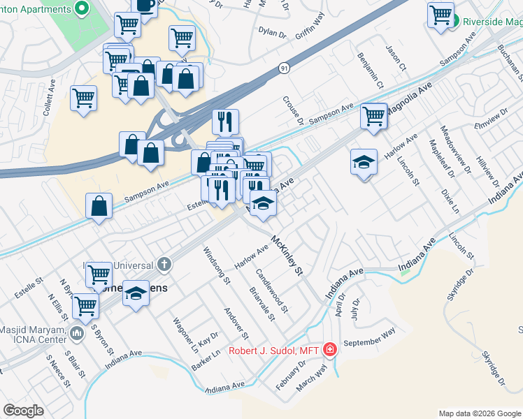 map of restaurants, bars, coffee shops, grocery stores, and more near 3777 Avenida Barbados in Riverside