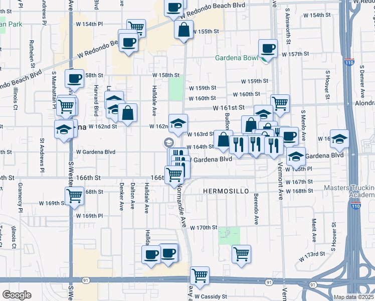 map of restaurants, bars, coffee shops, grocery stores, and more near 1342 West 164th Street in Gardena