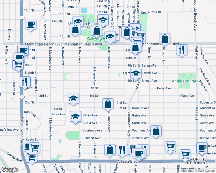 map of restaurants, bars, coffee shops, grocery stores, and more near 525 North Redondo Avenue in Manhattan Beach