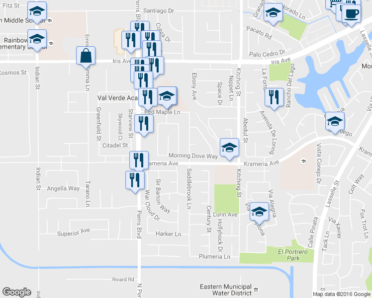 map of restaurants, bars, coffee shops, grocery stores, and more near 16449 Saddlebrook Lane in Moreno Valley