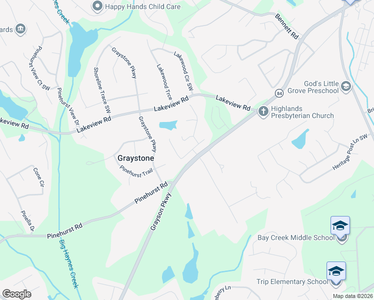 map of restaurants, bars, coffee shops, grocery stores, and more near 1018 Reddy Farm Road Southwest in Grayson
