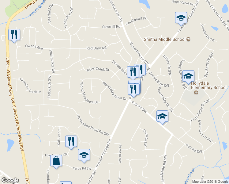 map of restaurants, bars, coffee shops, grocery stores, and more near 2408 Wood Meadows Drive in Marietta