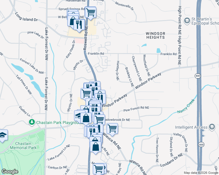 map of restaurants, bars, coffee shops, grocery stores, and more near 4651 Roswell Road Northeast in Atlanta
