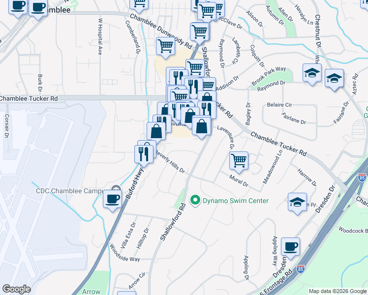 map of restaurants, bars, coffee shops, grocery stores, and more near 2472 Ortega Way in Chamblee